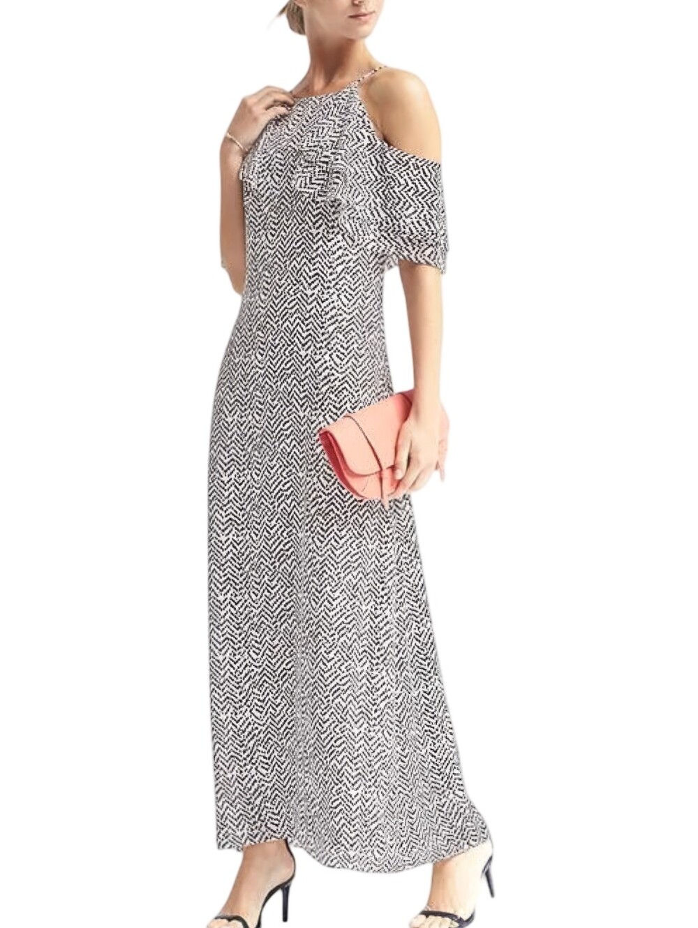 Banana Republic Black & White Cold-Shoulder  Ruffle Maxi Dress Size 8 Wedding